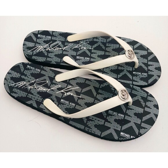 Michael Kors Jet Set Flip Flops Navy Logo Insole White Straps Silver Logo 10M - Picture 1 of 10
